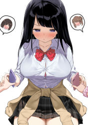 Rule 34 | 3girls, black hair, black skirt, blush, bow, bowtie, bra, bra visible through clothes, breasts, brown cardigan, brown hair, bursting breasts, button gap, cardigan, cardigan around waist, cellphone, closed mouth, clothes around waist, collarbone, collared shirt, commentary request, cowboy shot, dress shirt, embarrassed, faceless, faceless female, half-closed eyes, holding hands, kaisen chuui, large breasts, long hair, long sleeves, looking down, miniskirt, motion lines, multiple girls, nose blush, open mouth, original, phone, pink bra, pink scrunchie, pleated skirt, purple eyes, red neckwear, school uniform, scrunchie, see-through, shirt, shirt tucked in, short hair, simple background, skirt, sleeves pushed up, smartphone, smile, solo focus, speech bubble, standing, striped bow, striped bowtie, striped clothes, striped neckwear, sweat, trembling, underwear, white background, white shirt, wrist scrunchie