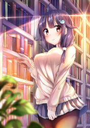 Rule 34 | 1girl, absurdres, ahoge, alternate costume, blunt bangs, blurry, blush, book, bookshelf, breasts, brown pantyhose, casual, cowboy shot, depth of field, grey skirt, hair flaps, hair ornament, highres, hiragi ringo, indoors, kantai collection, library, light particles, light trail, long hair, long sleeves, looking at viewer, low twintails, medium breasts, miniskirt, pantyhose, pleated skirt, purple hair, red eyes, skirt, sleeves past wrists, smile, solo, standing, taigei (kancolle), tareme, twintails, whale hair ornament