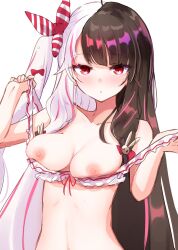 Rule 34 | 1girl, alternate costume, alternate hairstyle, blunt bangs, blush, breasts, cleavage, closed mouth, collarbone, commentary, hair ornament, highres, long hair, looking at viewer, medium breasts, multicolored hair, nijisanji, nipples, red eyes, ruma b, simple background, solo, virtual youtuber, white background, yorumi rena, yorumi rena (7th costume)