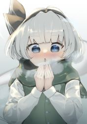Rule 34 | 1girl, absurdres, blue eyes, blush, buttons, commentary request, fingernails, ghost print, gradient background, green scarf, green vest, grey background, grey hair, grey hairband, grey ribbon, hairband, hands up, highres, hitodama print, konpaku youmu, long sleeves, looking away, looking down, open mouth, palulap, puffy long sleeves, puffy sleeves, ribbon, scarf, shirt, short hair, solo, steam, touhou, upper body, vest, white background, white shirt