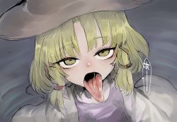 Rule 34 | 1girl, blonde hair, blush, from above, hat, highres, horizontal pupils, long sleeves, looking at viewer, medium hair, moriya suwako, nose blush, open mouth, oral invitation, purple vest, q.a. kinshachi, ripples, saliva, solo, tongue, tongue out, touhou, upper body, upturned eyes, vest, water, wide sleeves, yellow eyes
