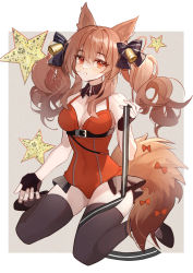 Rule 34 | 1girl, absurdres, alternate costume, angelina (arknights), animal ears, arknights, bare shoulders, bell, black bow, black gloves, black thighhighs, bow, breasts, brown hair, commentary, covered navel, fingerless gloves, fox ears, fox tail, gloves, hair bell, hair bow, hair ornament, highres, lan zhu gu, leotard, long hair, looking at viewer, medium breasts, orange eyes, parted lips, red leotard, sitting, solo, star (symbol), tail, thighhighs, thighs, twintails, wariza