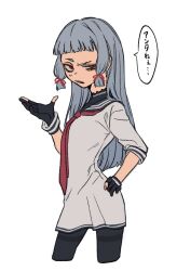 Rule 34 | 1girl, black gloves, black sailor collar, blue hair, blunt bangs, cropped legs, dress, gloves, hair ribbon, hand on own hip, holding, kantai collection, long hair, looking at viewer, murakumo (kancolle), murakumo kai ni (kancolle), neckerchief, pantyhose, partially fingerless gloves, red eyes, red neckerchief, red ribbon, ribbon, sailor collar, sailor dress, simple background, solo, speech bubble, sumoffu, thighband pantyhose, translation request, tress ribbon, white background, white dress