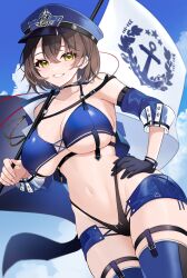 Rule 34 | 1girl, absurdres, azur lane, baltimore (azur lane), baltimore (finish line flagbearer) (azur lane), bikini, black bikini, black gloves, blue bikini, blue hat, blue jacket, blue thighhighs, blush, breasts, brown hair, choker, cleavage, collarbone, commission, cropped jacket, flag, gloves, grin, hat, highleg, highleg bikini, highres, jacket, large breasts, long sleeves, looking at viewer, micro shorts, military hat, mismatched bikini, navel, official alternate costume, race queen, short hair, shorts, single glove, skeb commission, sky, smile, solo, swimsuit, thighhighs, thighs, underboob, yamaha tsui, yellow eyes