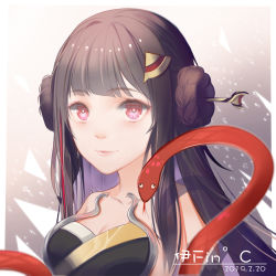 Rule 34 | 1girl, breasts, brown hair, chinese clothes, cleavage, closed mouth, hair ornament, highres, honkai (series), honkai impact 3rd, lips, long hair, looking at viewer, nuwa (honkai impact), red eyes, sdzy97510, sleeveless, smile, snake, solo