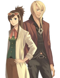 Rule 34 | 1boy, 1girl, ace attorney, apollo justice: ace attorney, belt, bishounen, blonde hair, blue eyes, brown hair, capcom, chain, ema skye, green eyes, half updo, jewelry, klavier gavin, kobashi, lab coat, necklace, pencil skirt, ribbon, skirt, sleeves rolled up