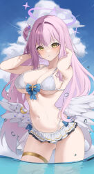 Rule 34 | 1girl, absurdres, angel wings, armpits, bikini, blue archive, blush, breasts, cleavage, collarbone, frilled bikini, frills, hair bun, haku (liiixixixiii), halo, highres, large breasts, mika (blue archive), navel, outdoors, pink hair, reflection, reflective water, single side bun, solo, swimsuit, thigh strap, wading, water drop, white bikini, white wings, wings