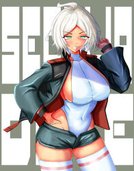 Rule 34 | 1girl, absurdres, akagawa007, ass, asticassia school uniform, blue eyes, breasts, character name, dark-skinned female, dark skin, green jacket, green shorts, grey hair, gundam, gundam suisei no majo, halter shirt, halterneck, head tilt, highleg, highleg leotard, highres, jacket, unworn jacket, leotard, looking at viewer, medium breasts, naughty face, open clothes, open jacket, open mouth, secelia dote, shiny skin, shirt, short hair, shorts, simple background, smile, solo, thick thighs, thighhighs, thighs, white leotard, white shirt, white thighhighs, wide hips