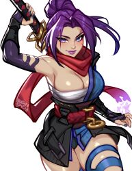 1girl bandages blushyspicy breasts chest_sarashi elbow_gloves gloves highres holding holding_sword holding_weapon large_breasts leotard long_hair looking_at_viewer marvel marvel_rivals psylocke purple_eyes purple_hair sarashi shiny_skin single_bare_shoulder solo superhero_costume sword weapon x-men