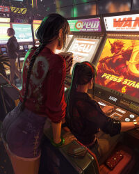 Rule 34 | 3girls, arcade cabinet, ass, bendy straw, black hair, black jacket, black nails, blue shorts, braid, brown pants, credit card, cup, disposable cup, drinking straw, english text, guweiz, hairband, highres, holding, holding cup, indoors, jacket, long hair, long sleeves, multiple girls, nail polish, original, pants, ponytail, puffy long sleeves, puffy sleeves, red hairband, red jacket, short shorts, shorts, single braid, very long hair