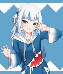 Rule 34 | 1girl, absurdres, blue background, blue eyes, blue hair, blue hoodie, blue nails, claw pose, commentary, drawstring, fins, fish tail, gawr gura, gawr gura (1st costume), grin, hair ornament, hand up, highres, hololive, hololive english, hood, hood down, hoodie, kenken (keuken), long hair, long sleeves, looking at viewer, multicolored hair, nail polish, shark tail, sharp teeth, silver hair, smile, solo, streaked hair, tail, teeth, two-tone background, two side up, upper body, virtual youtuber, white background, wide sleeves