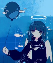 Rule 34 | 1girl, air bubble, arm at side, balloon, black eyes, black sailor collar, black shirt, bubble, closed mouth, colored inner hair, dot mouth, fish, halo, highres, holding, holding balloon, jitome, long bangs, long hair, long sleeves, looking at viewer, melting halo, multicolored hair, neckerchief, original, ringed eyes, sailor collar, school uniform, serafuku, shirt, sidelocks, sleeve cuffs, solo, sparkle, sskitaco, tile wall, tiles, white neckerchief, white wings, wings