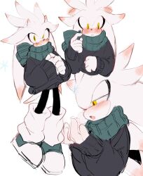 Rule 34 | 1boy, animal ears, animal nose, black pants, black sweater, blush, boots, closed mouth, furry, furry male, gloves, green footwear, green scarf, half-closed eyes, hands up, hedgehog, hedgehog ears, highres, long sleeves, looking at viewer, looking to the side, male focus, open mouth, own hands together, pants, puffy long sleeves, puffy sleeves, scarf, silver the hedgehog, simple background, smile, snowflakes, socks, solo, sonic (series), standing, sweat, sweatdrop, sweater, tongue, usa37107692, white background, white fur, white gloves, white socks, yellow eyes
