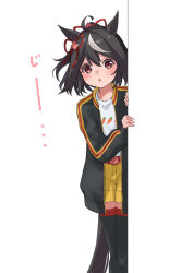 Rule 34 | 1girl, animal ears, black hair, black jacket, black thighhighs, blush, brown eyes, buckle, carrot print, double-parted bangs, feet out of frame, food print, grey hair, hair ribbon, highres, horse ears, horse girl, horse tail, jacket, kitasan black (umamusume), long sleeves, looking at viewer, medium hair, multiple tails, na-code (gurich), parted lips, red ribbon, ribbon, shirt, shorts, simple background, solo, sound effects, standing, staring, tail, thighhighs, umamusume, white background, white shirt, yellow shorts
