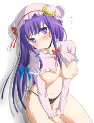 Rule 34 | 1girl, :o, blush, bow, breasts, crescent, deego (omochi bazooka), female focus, hair bow, hat, hat bow, head tilt, highres, large breasts, long hair, navel, nipples, no pants, panties, patchouli knowledge, puffy nipples, purple eyes, purple hair, side-tie panties, solo, touhou, underwear