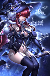 Rule 34 | 1girl, absurdres, animal, animal on shoulder, been, between breasts, black sleeves, black thighhighs, blue hat, breasts, broom, broom riding, cat, cat on shoulder, detached sleeves, elesis (elsword), elsword, floating hair, garter straps, gloves, hair between eyes, hat, highres, large breasts, long hair, long sleeves, looking at viewer, open mouth, panties, red hair, sitting, slit pupils, solo, sparkle, thighhighs, underwear, very long hair, white gloves, witch hat, yellow eyes