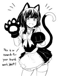 Rule 34 | 1boy, animal ears, animal hands, black hair, blush, cat ears, cat tail, cowboy shot, crossdressing, fake animal ears, fake tail, fang, from software, gloves, happy, highres, hinghoi, jingle bell collar, kuro the divine heir, maid, male focus, monochrome, open mouth, paw gloves, sekiro: shadows die twice, sketch, smile, solo, tail, text focus, thighhighs, trap