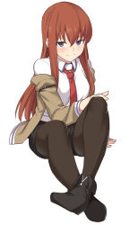 Rule 34 | 1girl, black footwear, black pantyhose, blue eyes, blush, breasts, brown hair, commentary request, jacket, pantyhose under shorts, long hair, long sleeves, looking at viewer, makise kurisu, medium breasts, necktie, pantyhose, red necktie, shirt, shiseki hirame, shoes, shorts, simple background, sitting, smile, solo, steins;gate, white background, white shirt