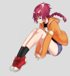 Rule 34 | 1girl, braid, coat, darker than black, green eyes, highres, jewelry, long hair, necklace, red hair, seven-world, shoes, shorts, simple background, single braid, sneakers, solo, suou pavlichenko