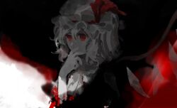 Rule 34 | 1girl, ascot, blood, blood on arm, commentary request, fingers to mouth, flandre scarlet, hair between eyes, hand up, hat, hat ribbon, kaigen 1025, medium hair, mob cap, red eyes, red ribbon, ribbon, solo, spot color, touhou, wings