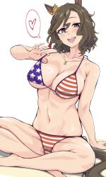 Rule 34 | 1girl, american flag bikini, american flag print, animal ears, barefoot, bikini, breasts, brown eyes, cleavage, flag print, heart, highres, horse ears, horse tail, indian style, jewelry, large breasts, looking at viewer, miso melon, necklace, open mouth, print bikini, purple eyes, short hair, simple background, sitting, smile, solo, spoken heart, swimsuit, tail, tap dance city (umamusume), teeth, umamusume, upper teeth only, wavy hair, white background