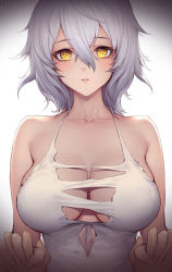 Rule 34 | 1girl, bare arms, bare shoulders, blush, breasts, cleavage, code vein, collarbone, commentary request, dress, hair between eyes, haoni, highres, holding hands, interlocked fingers, io (code vein), large breasts, looking at viewer, parted lips, pov, short hair, silver hair, sleeveless, sleeveless dress, smile, solo focus, torn clothes, torn dress, upper body, white dress, yellow eyes
