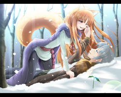 Rule 34 | 1boy, 1girl, animal ears, brown hair, craft lawrence, fang, forest, girl on top, holo, kazuna, letterboxed, long hair, nature, pouch, red eyes, silver hair, snow, spice and wolf, tail, tears, tree, wolf ears, wolf tail