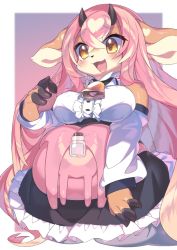 Rule 34 | 1girl, animal ears, bag, black skirt, borrowed character, breasts, brown eyes, cow ears, cow girl, cow horns, fewer digits, furry, furry female, highres, horns, large breasts, long hair, momo (kishibe), moumoufuton, open mouth, original, pink hair, shirt, sitting, skirt, smile, solo, very long hair, white shirt, white sleeves