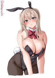Rule 34 | 1girl, animal ears, black leotard, black pantyhose, blonde hair, bow, breasts, cleavage, cropped legs, detached collar, ebifurya, fake animal ears, fake tail, graf zeppelin (kancolle), grey eyes, highres, kantai collection, large breasts, leotard, medium hair, pantyhose, playboy bunny, rabbit ears, rabbit tail, red bow, simple background, solo, tail, twitter username, white background