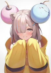 Rule 34 | 1girl, animal ear fluff, animal ears, blush, character hair ornament, cosplay, creatures (company), game freak, grey eyes, grey hair, grin, hair ornament, hair over one eye, hands up, highres, hololive, iono (pokemon), iono (pokemon) (cosplay), jacket, lion ears, long sleeves, looking at viewer, nintendo, pokemon, pokemon sv, shishiro botan, simple background, sleeves past fingers, sleeves past wrists, smile, solo, ssrb (shishiro botan), suicabar72, upper body, virtual youtuber, white background, x hair ornament, yellow jacket