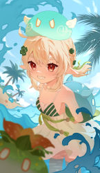 Rule 34 | 1girl, :d, alternate costume, arms behind back, blue sky, blurry, cloud, cloudy sky, clover hair ornament, coconut tree, commentary request, depth of field, frilled swimsuit, frills, genshin impact, grin, hair between eyes, hair ornament, highres, in water, klee (genshin impact), light brown hair, long hair, looking at viewer, low twintails, ocean, one-piece swimsuit, open mouth, orange eyes, palm tree, shixue shaonu lao, sidelocks, sky, sleeveless, slime (genshin impact), smile, swimsuit, tree, twintails