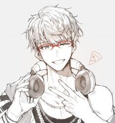 Rule 34 | 1boy, aged down, arurandeisu, bracelet, chain necklace, commentary, food, glasses, grey background, greyscale, grin, hand on headphones, headphones, headphones around neck, hikariemochi, holostars, jacket, jewelry, looking at viewer, male focus, monochrome, necklace, off shoulder, one eye closed, pizza, red-framed eyewear, short hair, simple background, smile, solo, spot color, symbol-only commentary, tank top, upper body, v, virtual youtuber