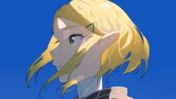 Rule 34 | 1girl, aoi (altea0923), blonde hair, blue sky, braid, close-up, crown braid, day, expressionless, from below, from side, green eyes, highres, nape, nintendo, nose, outdoors, parted lips, pointy ears, portrait, princess zelda, profile, short hair, sidelighting, sidelocks, sky, solo, sunlight, the legend of zelda, the legend of zelda: tears of the kingdom