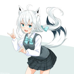 Rule 34 | 1girl, absurdres, ahoge, animal ears, aqua bow, aqua bowtie, beige skirt, blush, bow, bowtie, braid, cardigan, commentary request, earrings, fang, felutiahime, floating hair, fox ears, fox girl, fox shadow puppet, fox tail, green eyes, grey background, grey cardigan, hair between eyes, highres, hololive, jewelry, long hair, long sleeves, looking at viewer, open mouth, plaid, plaid skirt, pleated skirt, shirakami fubuki, shirt, silver hair, simple background, single braid, skirt, solo, tail, two-tone background, virtual youtuber, white background, white shirt