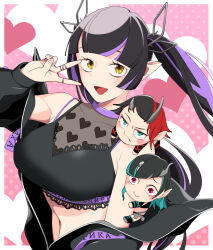Rule 34 | 3girls, black hair, black jacket, black shirt, blue eyes, blue hair, blunt bangs, blush, breasts, chibi, closed mouth, commentary request, crop top, demon girl, demon horns, fang, fang out, heart, heart print, horns, jacket, jewelry, kino5kinoko, kojo anna, kojo anna (1st costume), large breasts, long hair, long sleeves, looking at viewer, multicolored hair, multiple girls, nanashi inc., navel, off shoulder, open clothes, open jacket, open mouth, pink background, pointy ears, print shirt, purple hair, red eyes, red hair, ring, russian text, ryugasaki rene, ryugasaki rene (1st costume), see-through, see-through shirt, shirt, shishio chris, shishio chris (1st costume), short hair, sleeveless, sleeveless shirt, smile, twintails, two-tone hair, upper body, v, v over eye, virtual youtuber, yellow eyes