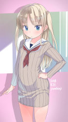 Rule 34 | 1girl, artist name, blue eyes, blush, brown sweater, closed mouth, collarbone, dated, hand on own hip, highres, light brown hair, long hair, long sleeves, looking at viewer, neckerchief, original, parted bangs, red neckerchief, ribbed sweater, sailor collar, shirt, solo, standing, sweater, two side up, very long hair, white sailor collar, white shirt, yone kinji