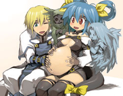 Rule 34 | 1girl, asymmetrical wings, bare shoulders, blonde hair, blue hair, breasts, center opening, collared shirt, couple, detached sleeves, dizzy (guilty gear), guilty gear, guilty gear x, guilty gear xx, hair between eyes, hand on own stomach, happy, happy tears, hetero, husband and wife, ky kiske, necro (guilty gear), one eye closed, over-kneehighs, pregnant, red eyes, ribbon, shirt, sitting, tail, tail ornament, tail ribbon, tears, thighhighs, undine (guilty gear), wings, ysk!