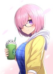 Rule 34 | 1girl, blush, breasts, c:, casual, closed mouth, cup, dress, fate/grand order, fate (series), from side, glasses, hair over one eye, highres, holding, holding cup, hood, hoodie, large breasts, looking at viewer, mash kyrielight, mash kyrielight (senpai killer outfit), official alternate costume, open clothes, open hoodie, oyaji-sou, petals, pink hair, plaid, plaid dress, purple eyes, short hair, sleeves past elbows, smile, solo, upper body