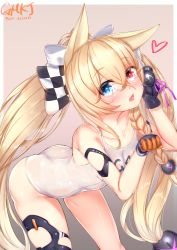 Rule 34 | 1girl, :d, animal ears, artist name, ass, bare shoulders, black gloves, blonde hair, blue eyes, blush, bow, braid, breasts, brown background, cat ears, character name, checkered bow, checkered clothes, collarbone, commentary request, fang, g41 (beach punk 2064) (girls&#039; frontline), g41 (girls&#039; frontline), girls&#039; frontline, gloves, gmkj, hair between eyes, hair bow, hair ornament, hand up, heart, heterochromia, highres, leaning forward, long hair, looking at viewer, name tag, official alternate costume, one-piece swimsuit, open mouth, paw pose, pink ribbon, pixiv id, red eyes, ribbon, school swimsuit, side braid, signature, single braid, small breasts, smile, solo, swimsuit, twintails, two-tone background, very long hair, white background, white one-piece swimsuit, white school swimsuit