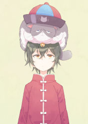 Rule 34 | 1boy, :|, animal, animal on head, animal print, beige background, bell, black hair, bow, brown eyes, cat, cat on head, cat print, chinese clothes, closed mouth, comitia, crossed bangs, expressionless, hair between eyes, hat, high collar, jacket, jingle bell, long sleeves, looking at viewer, male focus, mandarin collar, multicolored clothes, multicolored headwear, on head, original, pale color, qingdai guanmao, red jacket, simple background, t-okada, tangzhuang, upper body, yellow background, yellow bow
