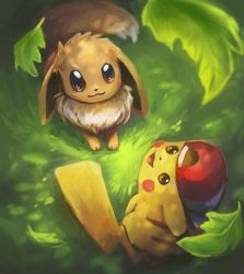 Rule 34 | :d, baseball cap, brown eyes, commentary, creature, creatures (company), eevee, english commentary, foxeaf, from above, full body, game freak, gen 1 pokemon, grass, happy, hat, leaf, looking up, nintendo, no humans, open mouth, pikachu, pokemon, pokemon (creature), smile