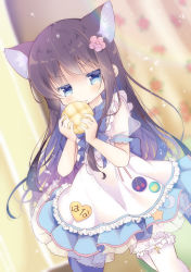 Rule 34 | 1girl, animal ear fluff, animal ears, apron, bad id, bad pixiv id, black hair, blue eyes, blue skirt, blurry, blurry background, bread, depth of field, dutch angle, flower, food, food print, frilled apron, frills, fukaya rin, hair flower, hair ornament, hands up, highres, holding, holding food, indoors, kemonomimi mode, long hair, looking at viewer, parted lips, pink flower, pleated skirt, puffy short sleeves, puffy sleeves, see-through, see-through sleeves, shirosaki hana, short sleeves, skirt, solo, standing, strawberry print, thighhighs, very long hair, watashi ni tenshi ga maiorita!, white apron, white thighhighs