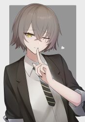 Rule 34 | 1girl, absurdres, black jacket, black nails, black necktie, brown hair, collared shirt, finger to mouth, girls&#039; frontline, girls&#039; frontline 2: exilium, grey background, heart, highres, jacket, looking at viewer, necktie, one eye closed, open clothes, open jacket, parted lips, re1kirisaki342, scar, scar across eye, scar on face, shirt, short hair, smile, solo, striped necktie, two-tone background, ump45 (girls&#039; frontline), upper body, white background, white shirt, yellow eyes