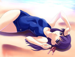 Rule 34 | 00s, 1girl, alternate costume, arm up, beach, blue one-piece swimsuit, breasts, clenched hands, competition swimsuit, crossed legs, day, fate/stay night, fate (series), from above, hair ribbon, long hair, looking at viewer, lying, matou sakura, norizou type-r, ocean, on back, on ground, one-piece swimsuit, outdoors, parted lips, purple eyes, purple hair, ribbon, school swimsuit, small breasts, solo, swimsuit, water