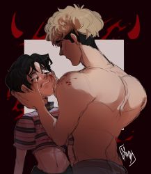 Rule 34 | 2boys, absurdres, alex bunn, bags under eyes, black hair, blonde hair, blood, blood on clothes, blood on face, blood on hands, blood splatter, cheek pull, clenched teeth, highres, killing stalking, looking at another, looking to the side, male focus, multiple boys, muscular, muscular male, navel, oh sangwoo, parted bangs, red background, shirt, signature, smeared blood, striped clothes, striped shirt, tearing up, teeth, topless male, undercut, yoon bum
