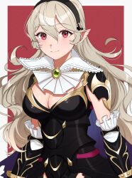 Rule 34 | 1girl, armor, black hairband, blue cape, blush, border, breasts, cape, cleavage, closed mouth, corrin (female) (fire emblem), corrin (female) (nohr noble) (fire emblem), corrin (fire emblem), fire emblem, fire emblem fates, fire emblem heroes, gmais2514, grey hair, hair between eyes, hairband, highres, large breasts, long hair, looking at viewer, nintendo, official alternate costume, pointy ears, red background, red eyes, smile, solo, upper body, very long hair, white border