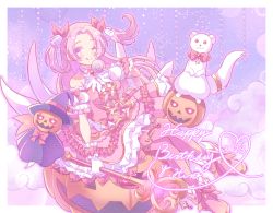 Rule 34 | 1girl, animal, breasts, candy, cloud, d4dj, dated, dress, food, gloves, glowing, glowing eyes, happy birthday, hat, highres, holding, holding candy, holding food, holding lollipop, holding wand, jack-o&#039;-lantern, lollipop, looking up, magical girl, medium breasts, one eye closed, parted bangs, pink dress, pink eyes, pink hair, sitting, sky, smile, solo, wand, white gloves, witch hat, wrist cuffs, xion (sasakishiorin065), yano hiiro