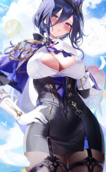 Rule 34 | 1girl, :o, absurdres, ascot, black skirt, blue hair, blue sky, blush, breasts, clorinde (genshin impact), cloud, corset, epaulettes, fantongjun, genshin impact, gloves, hand on own hip, hat, highres, large breasts, looking at viewer, open mouth, pantyhose, purple ascot, purple eyes, skirt, sky, solo, tricorne, vision (genshin impact), white gloves