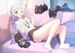 Rule 34 | 1girl, absurdres, alternate costume, bare legs, barefoot, black shorts, blunt bangs, blush, commentary, couch, curtains, eyelashes, feet, food, full body, grey hair, hands up, highres, holding, holding food, holding popsicle, hololive, indoors, knees together feet apart, legs, licking, long hair, looking at viewer, lying, midriff, murasaki shion, navel, on back, one eye closed, orange eyes, pillow, popsicle, shiny skin, shiokko (murasaki shion), shirt, short eyebrows, short shorts, short sleeves, shorts, sidelocks, signature, soles, solo, t-shirt, thighs, toenails, toes, toketa (toketa15), virtual youtuber, white shirt