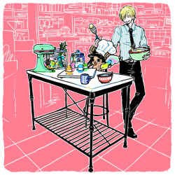 Rule 34 | 2boys, :d, black necktie, black pants, blue shirt, bowl, chef hat, closed eyes, cookie, cooking, cream, cup, food, grin, hat, holding, holding pastry bag, itowo (itowc), male focus, mug, multiple boys, necktie, one piece, open mouth, pants, pastry bag, sanji (one piece), shirt, smile, standing, table, tony tony chopper, whip, whisk
